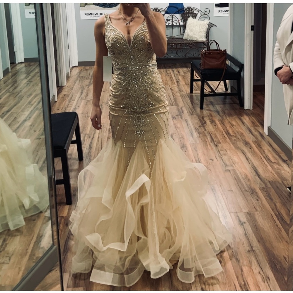Beige color/ white dress.